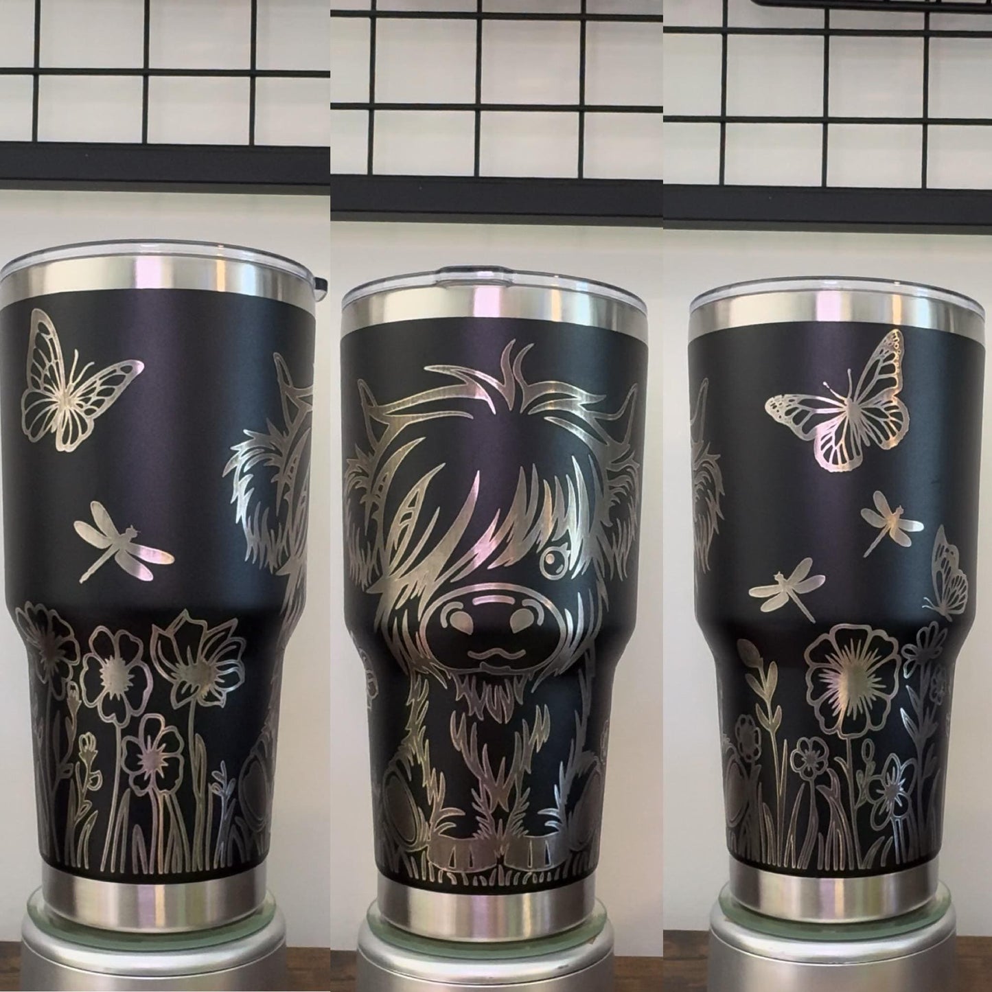 Highland Cow with flowers Engraved Tumbler 30 oz