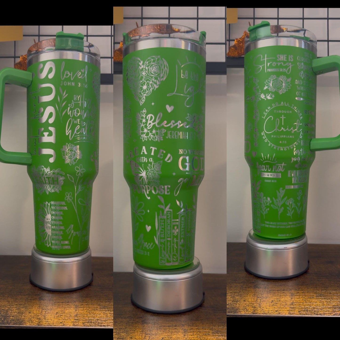 Floral Religious Laser Engraved Tumbler 40 oz w/ Handle