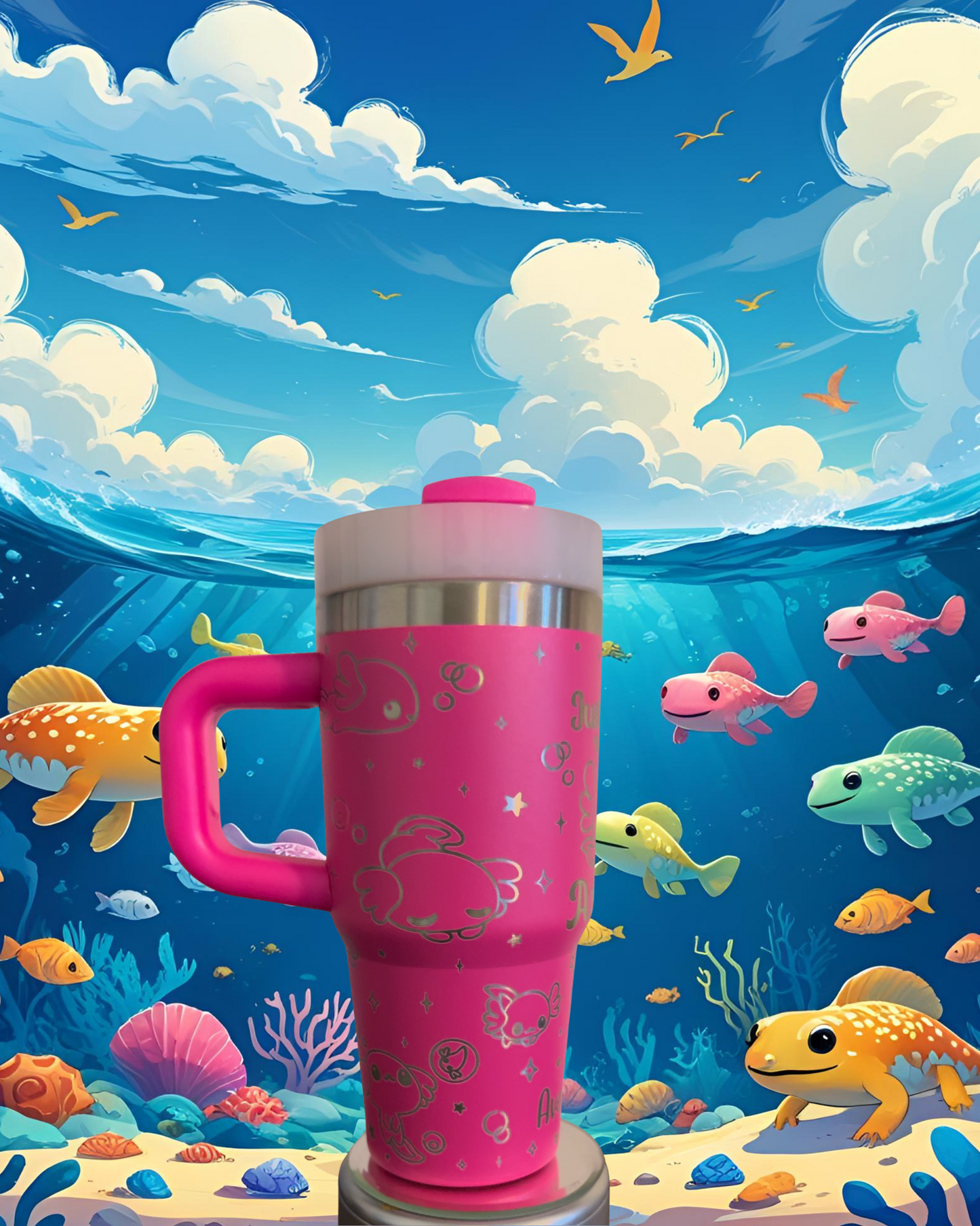 A pink thermos with a handle and lid sits in the foreground, surrounded by a vibrant underwater scene with colorful fish swimming around coral reefs and plants.