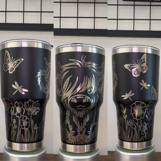 Highland Cow with flowers Engraved Tumbler 30 oz