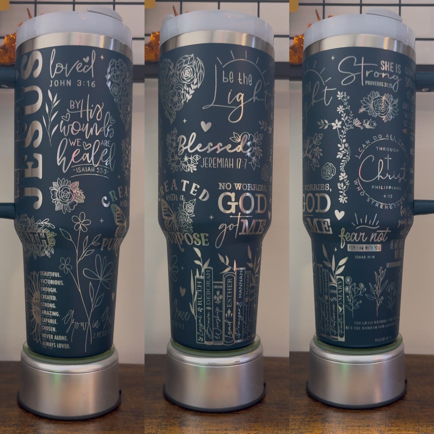 Floral Religious Laser Engraved Tumbler 40 oz w/ Handle