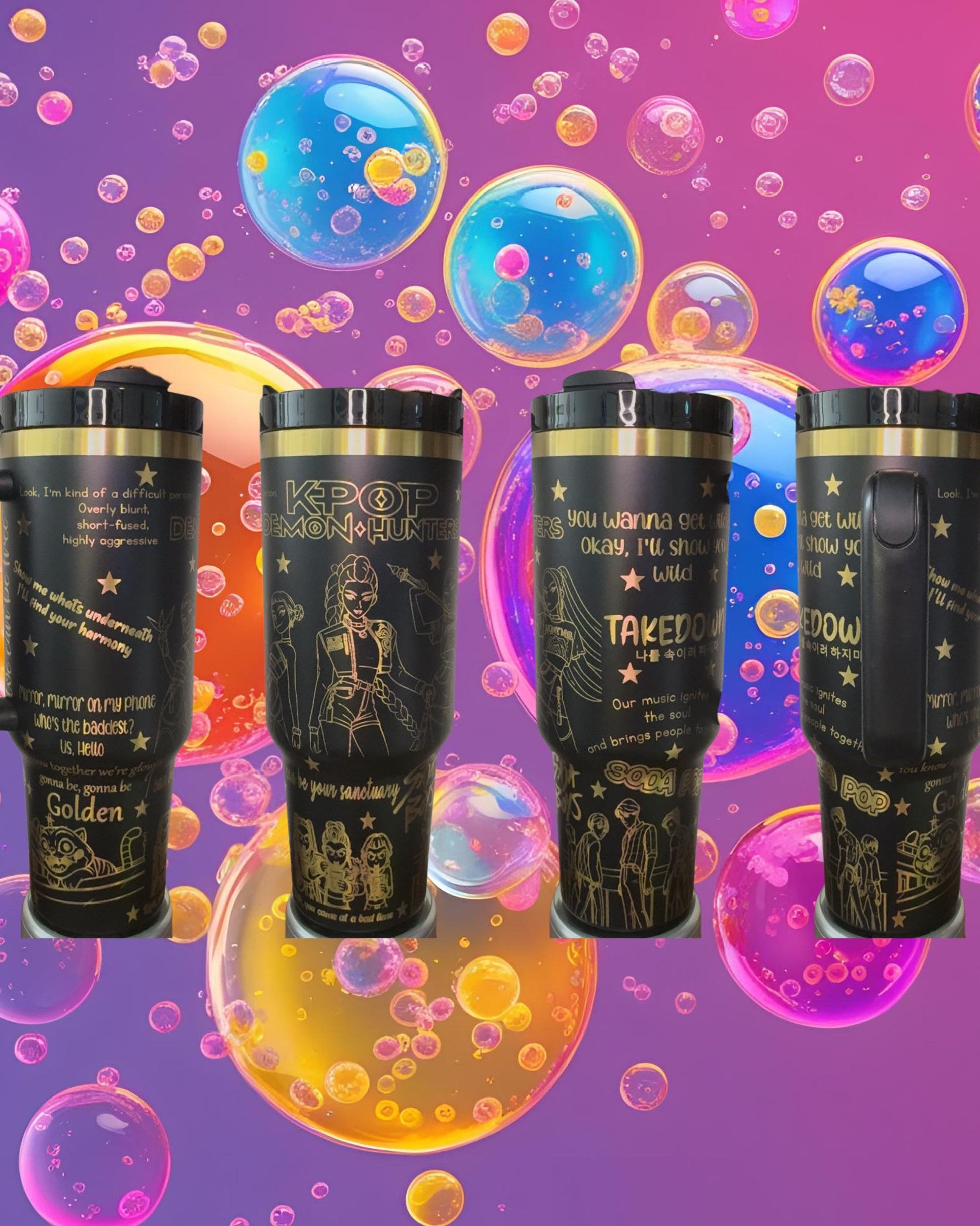 four black tumblers with gold designs and text on them, set against a background of colorful bubbles and bubbles.